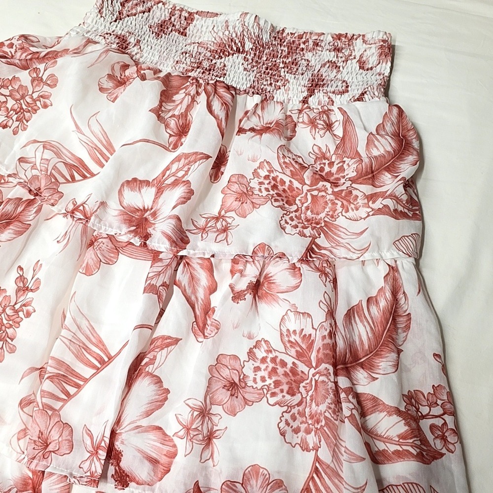 Her Destiny Maxi Skirt Womens L White Red‎ Floral Smocked Tiered Boho Ruffle